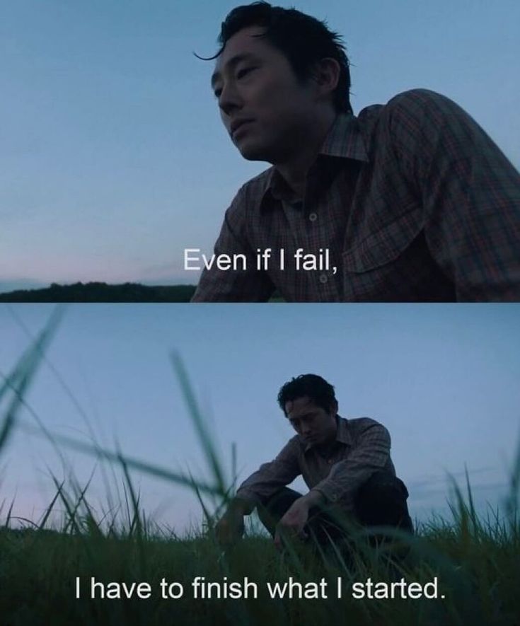 A two-panel vertical image featuring a man in a plaid shirt. The top panel shows a close-up profile of the man looking pensively into the distance against a twilight sky. The bottom panel shows a wide shot of the same man sitting alone in a grassy field under the same twilight sky. White text is overlaid on both panels to form a quote.