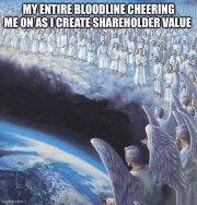 A meme featuring an image of a vast, heavenly host of angels with white wings, floating amidst clouds in a bright, ethereal sky. The top of the image contains bold, white, capitalized text overlaid on the scene.