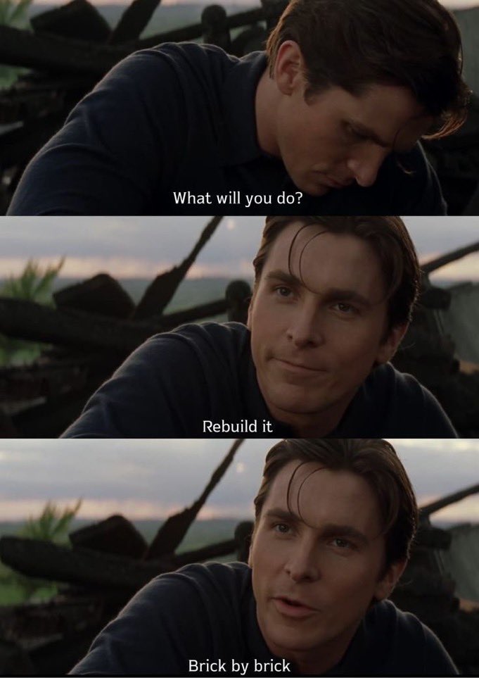 A three-panel vertical meme featuring actor Christian Bale in a scene from a movie. In each panel, the character is shown from a medium close-up, looking contemplative or determined. The background shows dark, wooden wreckage under a dim sky. The panels progress with dialogue captions at the bottom of each frame.
