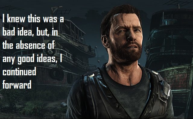 A digital art piece featuring a close-up portrait of a middle-aged man with a beard and intense expression. He is wearing a dark leather jacket over a grey shirt. The background is dark and atmospheric, showing what appears to be a dimly lit maritime or industrial setting with parts of a ship or large structure visible. Overlaid on the left side of the image is large, white, stylized text.