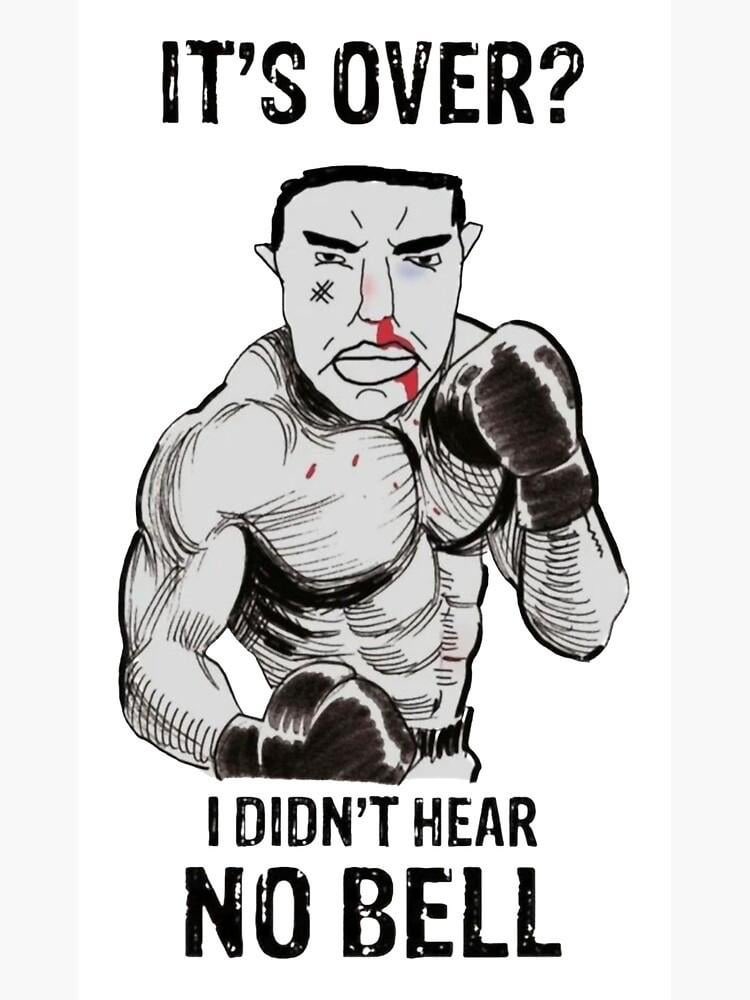 A black and white illustration of a bruised and bloodied boxer. The boxer is looking forward with a weary expression, showing a black eye, a cut on his cheek, and blood dripping from his nose and mouth. He is wearing boxing gloves and is depicted from the waist up. The image features large, distressed text above and below the character.