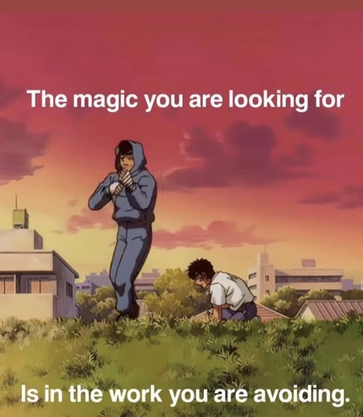 An anime-style meme featuring two characters against a sunset sky. One character, wearing a blue jumpsuit and hood, stands in a martial arts pose. Another character in a white shirt and dark pants is crouched or bowing low in the grass in the foreground. The background shows a cityscape under a pink and orange sunset sky. Large white text is overlaid on the top and bottom of the image.