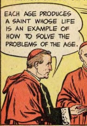 A comic book panel featuring a close-up of a man's face, likely a religious figure given his attire. He is wearing a red clerical garment with white trim. The background is a plain, light color. A large speech bubble originates from him, containing text.
