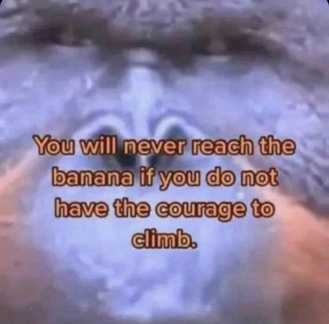 A low-resolution, slightly blurry image featuring a close-up of what appears to be a blue-toned animal face, possibly a monkey or primate. Overlaid on the center of the image is motivational text in a sans-serif font with a dark outline.