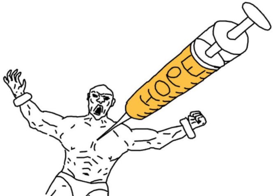 A black and white line drawing of a muscular, shirtless man with an expressive, shouting face. He has his arms outstretched in a dramatic pose. A giant syringe is being plunged into his chest. The syringe contains a yellow liquid, and the word 'HOPE' is written inside the liquid chamber of the syringe.
