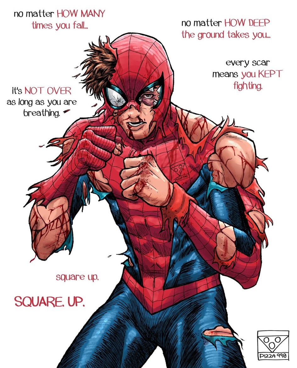 A comic book style illustration of a battered and bloodied Spider-Man. His red and blue suit is heavily torn, revealing skin covered in scratches and wounds. His mask is partially ripped, showing his hair, one eye, and part of his face, which is bruised and bleeding. He is in a fighting stance with his fists clenched in front of him. The background is plain white, and the image features inspirational and gritty text surrounding the character.
