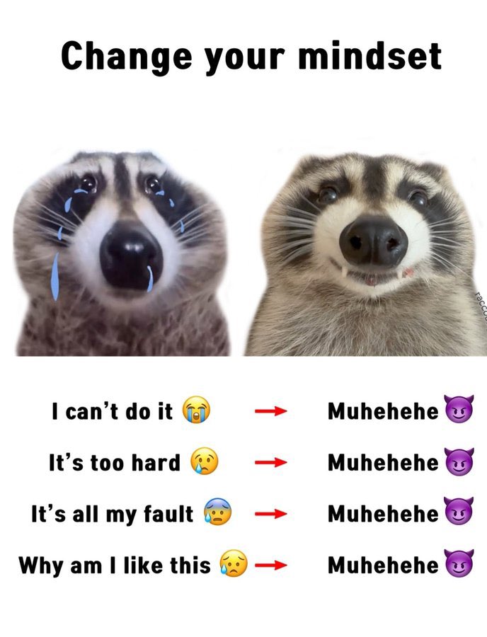 A meme titled 'Change your mindset' featuring two contrasting images of a raccoon. On the left, a raccoon is depicted with large, exaggerated blue tears streaming down its face, looking sad. On the right, a raccoon is shown with a mischievous, wide-eyed grin, revealing its teeth. Below the images, there is a list of negative self-talk phrases accompanied by sad emojis, with red arrows pointing to the word 'Muhehehe' followed by a purple devil emoji, suggesting a humorous shift from self-pity to chaotic or mischievous energy.
