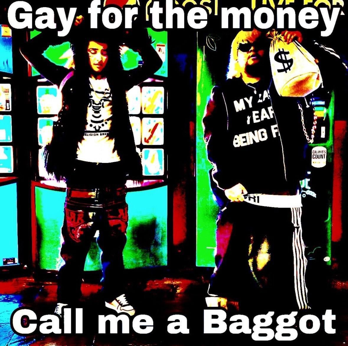 A highly saturated, high-contrast meme image featuring two individuals standing in front of what appears to be a vending machine or snack display. The person on the left is wearing a dark jacket over a white graphic t-shirt and dark pants. The person on the right is wearing a dark sweatshirt with white text, sunglasses, and dark pants with white stripes, holding a white bag with a large black dollar sign on it. The image is overlaid with large white text at the top and bottom.
