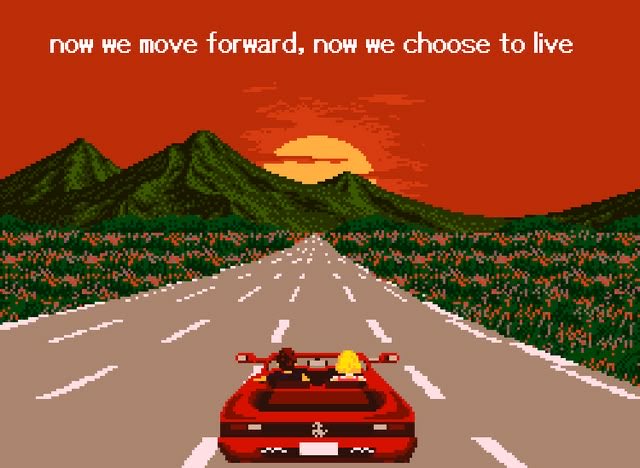 A pixel art landscape featuring a red convertible car driving down a highway towards a setting sun on the horizon. The background consists of green mountains under an orange and red sunset sky. The road is flanked by green vegetation. The overall aesthetic is reminiscent of 1980s retrowave or synthwave art.