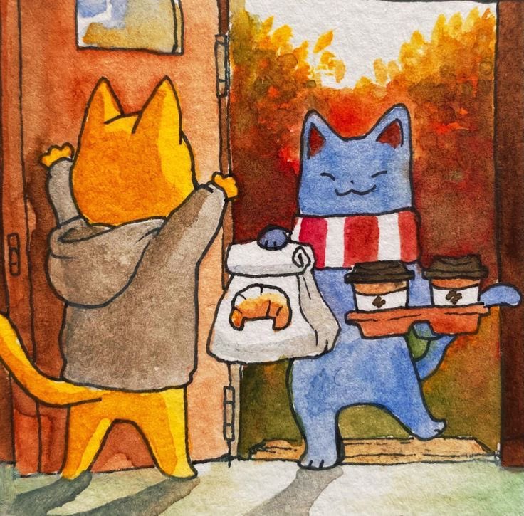 A watercolor illustration featuring two anthropomorphic cats. An orange cat wearing a grey hoodie is standing with its back to the viewer, reaching up toward a doorway. A blue cat wearing a red and white striped scarf is walking through the doorway toward the orange cat, carrying a small white bag with a croissant illustration on it in one hand, and a tray with two coffee cups in the other. The background shows autumn foliage in shades of orange and yellow.