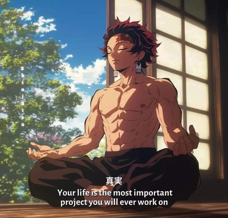 An anime-style digital illustration featuring a muscular, shirtless male character with dark red hair sitting in a meditative lotus position. He has his eyes closed and a calm expression, with his hands resting on his knees in a mudra position. He is positioned indoors near a traditional Japanese-style sliding door (shoji), with a lush, sunlit garden visible through the window in the background. The lighting is warm, suggesting a sunset or sunrise. There is text overlaying the bottom of the image and vertical text on the left side.