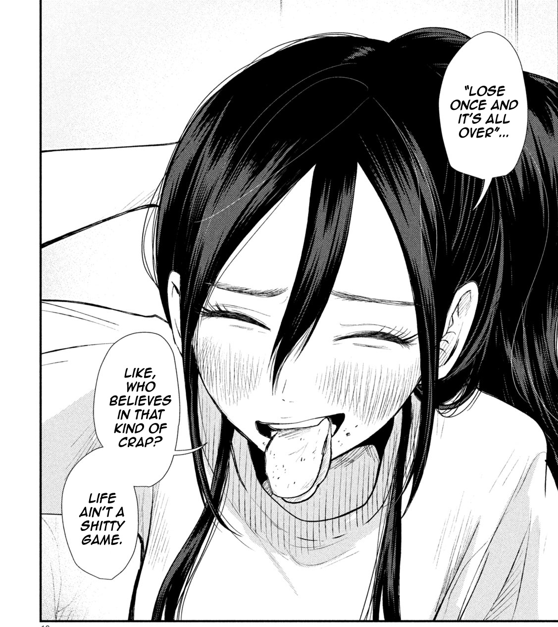 A black and white manga panel featuring a close-up of a young woman with long, dark hair styled in pigtails. She has her eyes closed and is smiling broadly, sticking her tongue out in a playful or defiant manner. There are speech bubbles around her containing dialogue. The art style uses screentones for shading.