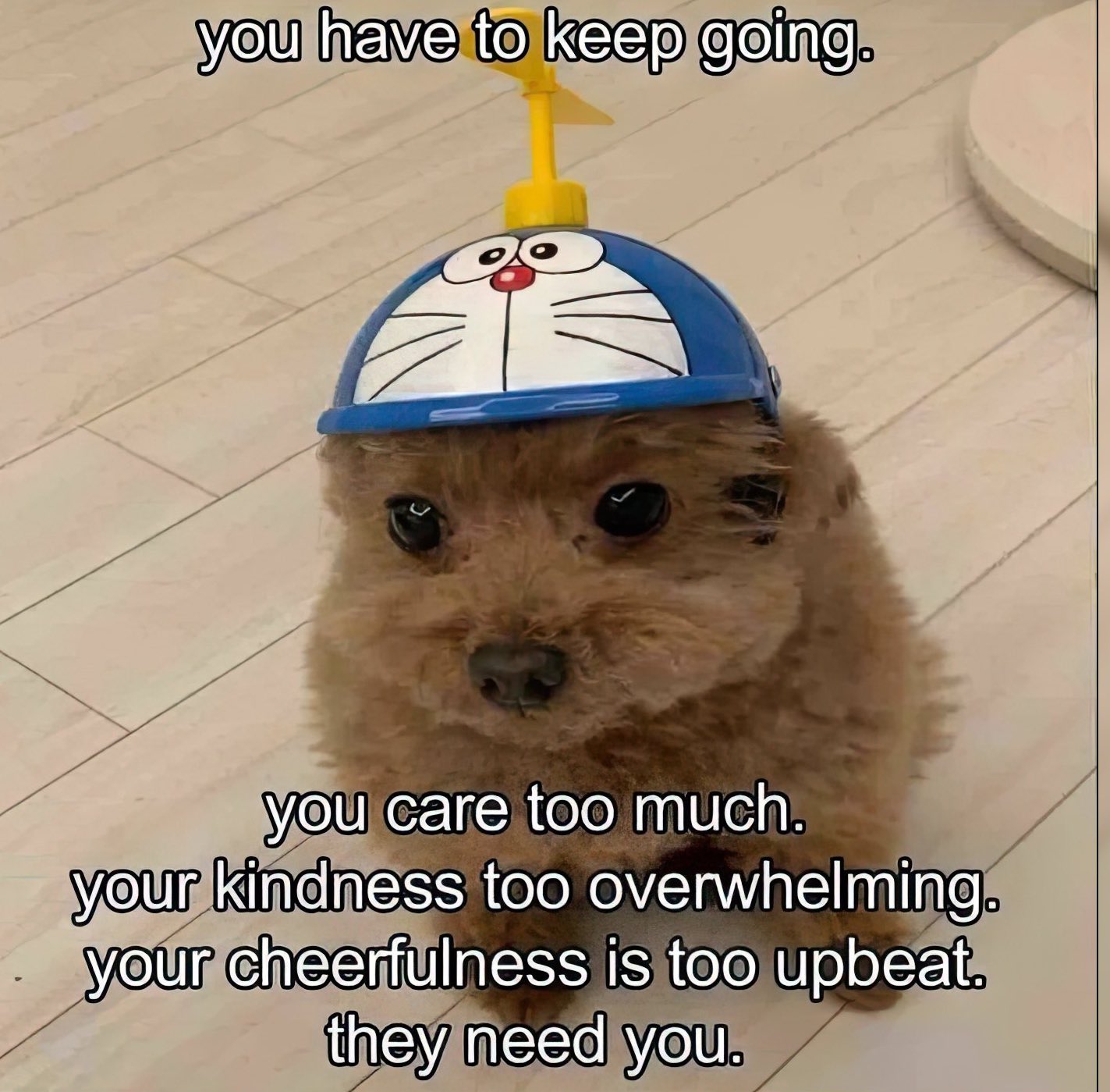 A meme featuring a small, fluffy brown animal (likely a hamster or similar small rodent) looking directly at the camera. The animal is wearing a blue hat designed to look like the character Doraemon, complete with a yellow propeller on top. The background is a light-colored wooden floor. The image contains inspirational/motivational text overlaying the top and bottom.