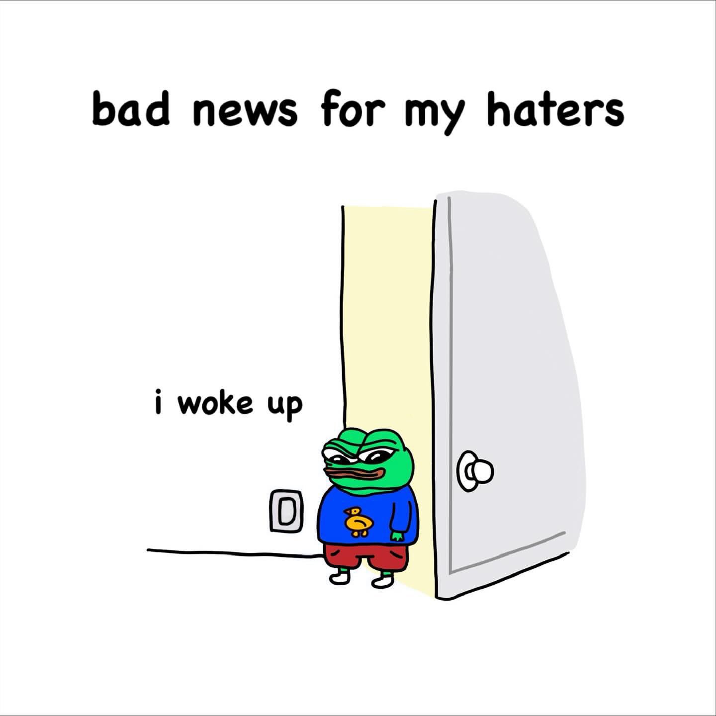 A simple digital drawing featuring the Pepe the Frog character. Pepe is standing in a doorway, wearing a blue shirt with a small yellow creature on it and red shorts. An open white door is visible to his right, revealing a pale yellow interior. The background is plain white. The image contains text at the top and next to the character.