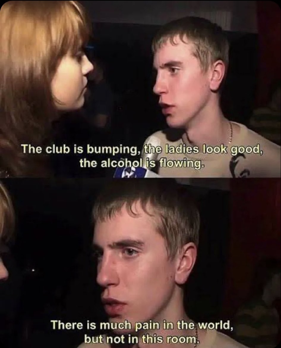 A two-panel meme featuring a young man with short brown hair being interviewed in what appears to be a dark club environment. In the top panel, he is shown in profile looking at a woman with reddish-brown hair. In the bottom panel, a close-up of the man's face is shown. The image includes white text overlaying both panels, presenting a poetic and humorous sentiment about the atmosphere of the club.
