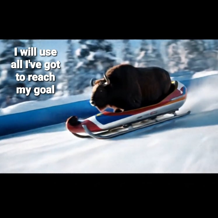 A humorous meme featuring a large bison riding on a small, colorful sled that is sliding down a snowy track. The background shows a snowy forest landscape. Overlaid text on the left side reads 'I will use all I've got to reach my goal'.