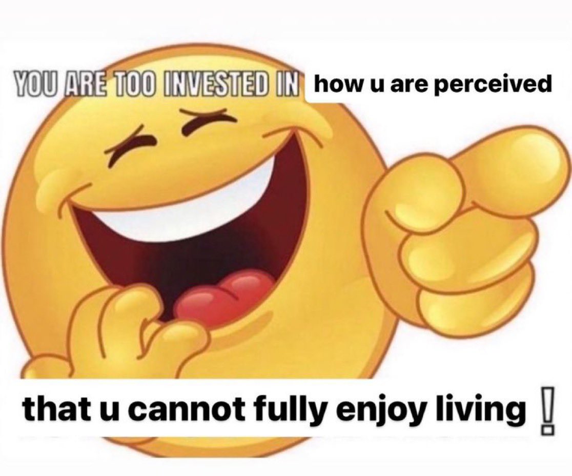 A meme featuring a large, yellow, laughing emoji with its mouth wide open and eyes closed. The emoji is pointing its right index finger towards the right side of the frame. The image contains text overlays at the top and bottom.