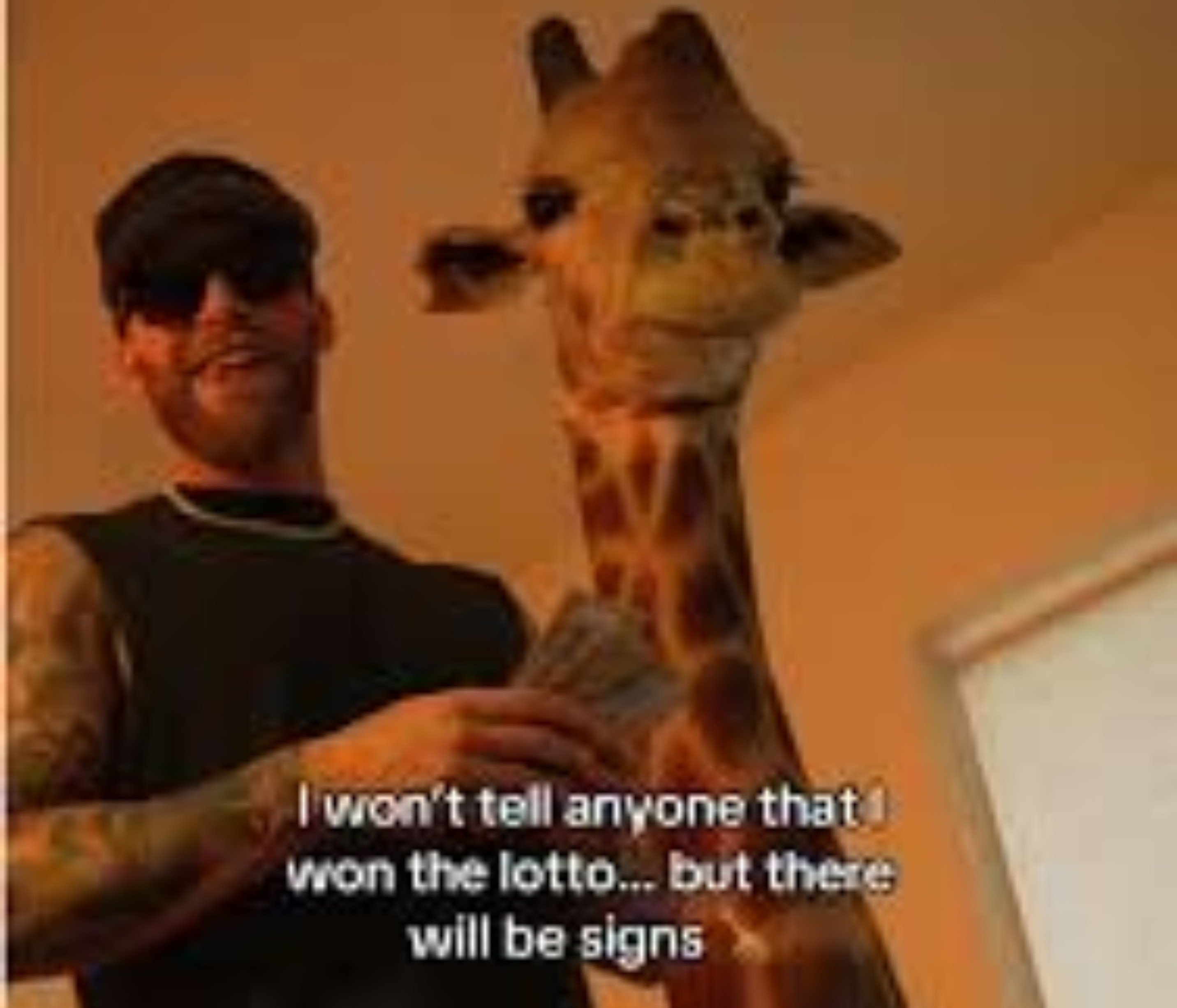 A humorous meme featuring a man with sunglasses, a black cap, and tattoos holding a stack of cash. Standing next to him is a large giraffe. The image has a warm, orange tint. Text is overlaid at the bottom of the image.