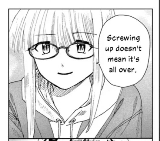 A black and white manga-style illustration of a young woman with long, light-colored hair and bangs. She is wearing glasses and a hooded sweatshirt. She has a calm, slight smile on her face. A speech bubble next to her contains text.
