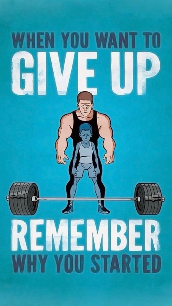 A motivational poster with a blue background featuring an illustration of two figures. In the foreground, a smaller, leaner man in athletic gear stands in front of a barbell. Behind him, a much larger, muscular man in a black tank top stands, appearing as a symbol of the person's potential or future self. The text is bold and stylized, positioned at the top and bottom of the image.