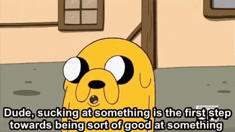 A close-up of Jake the Dog from Adventure Time, looking thoughtful, with a subtitle caption placed at the bottom of the frame.