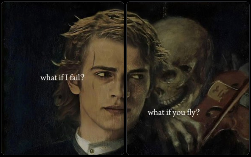 A split-screen image featuring a young man on the left and a skull-like figure on the right. The young man has fair skin, wavy light brown hair, and a contemplative or worried expression. The right side shows a dark, skeletal figure with hollow eyes and a skull-like face, partially obscured by shadow. Overlaid text on the left side reads 'what if I fail?' and on the right side reads 'what if you fly?'. The overall aesthetic is dark and painterly.