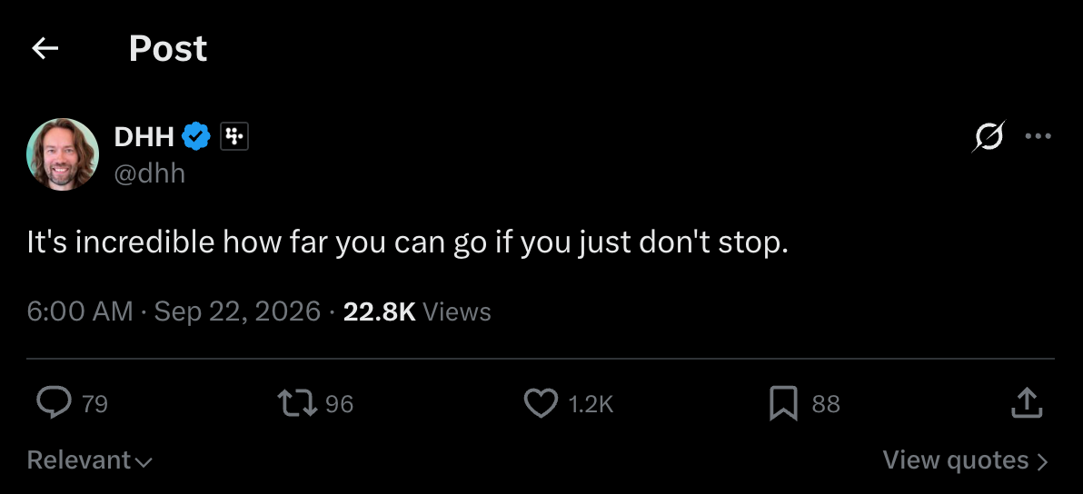 A screenshot of a post on a social media platform, likely X (formerly Twitter), displayed in dark mode. The post is from a user named 'DHH' with the handle '@dhh', featuring a profile picture of a man with light hair and a beard. The post content reads: 'It's incredible how far you can go if you just don't stop.' The timestamp shows '6:00 AM · Sep 22, 2026' and indicates '22.8K Views'. Below the text, there are engagement metrics: 79 replies, 96 reposts, 1.2K likes, and 88 bookmarks. The interface includes a back arrow, the word 'Post' at the top, and various action icons like a mute icon, three dots, and a share icon.