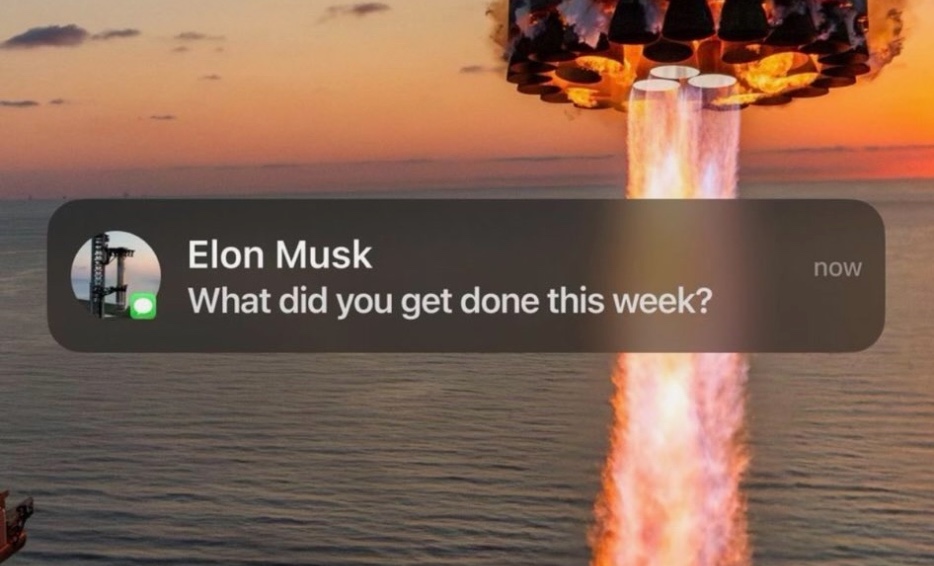 A meme featuring a background image of a SpaceX Starship rocket performing a landing burn over the ocean during sunset. Overlaid on the image is a simulated iPhone iMessage notification from 'Elon Musk' that reads, 'What did you get done this week?'
